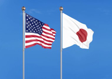 Amerika Birleşik Devletleri vs Japonya. Amerika ve Japonya'nın kalın renkli ipeksi bayrakları. Gökyüzü arka planda 3d illüstrasyon - İllüstrasyon