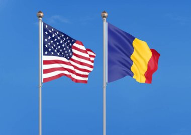 Amerika Birleşik Devletleri vs Romanya. Amerika ve Romanya kalın renkli ipeksi bayraklar. Gökyüzü arka planda 3d illüstrasyon - İllüstrasyon