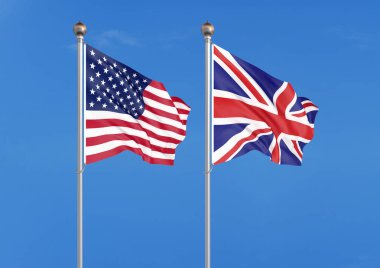 Amerika Birleşik Devletleri vs İngiltere. Amerika ve Birleşik Krallık kalın renkli ipeksi bayraklar. Gökyüzü arka planda 3d illüstrasyon - İllüstrasyon
