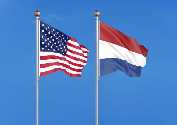 Verenigde Staten Van Amerika Nederland Dikke Gekleurde Zijdeachtige Vlaggen Van — Stockfoto