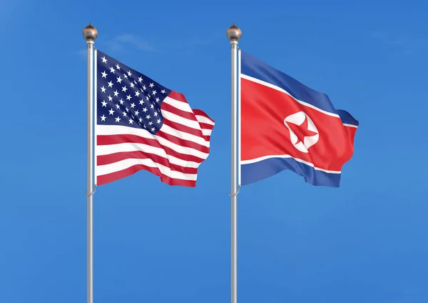 Stati Uniti America Contro Corea Del Nord Bandiere Seta Colore — Foto Stock