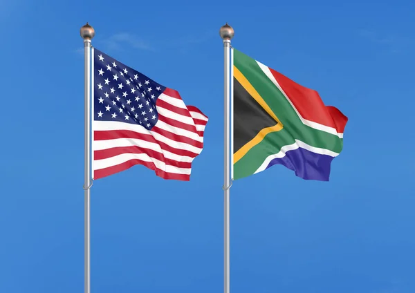 アメリカ合衆国 南アフリカ アメリカと南アフリカの厚い色の絹のような旗 空の背景に3Dイラスト イラスト — ストック写真