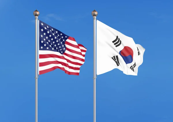 United States America South Korea Thick Colored Silky Flags America — Stock Photo, Image