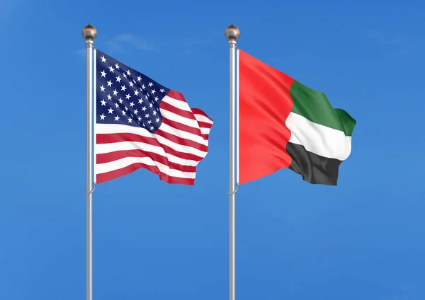 United States of America vs United Arab Emirates. Thick colored silky flags of America and United Arab Emirates. 3D illustration on sky background - Illustration