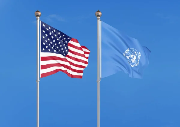 United States of America vs United Nations Organization. Thick colored silky flags of America and United Nations Organization 3D illustration on sky background - Illustration