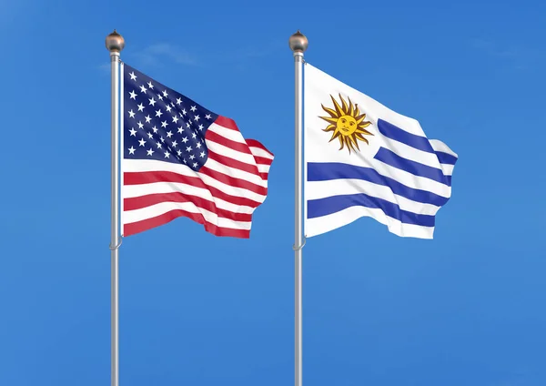 Ηνωμένες Πολιτείες Της Αμερικής Ουρουγουάη Πυκνές Έγχρωμες Μεταξένια Σημαίες Της — Φωτογραφία Αρχείου