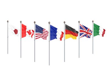 G7 bayrakları İpek Yedi Kanada, Almanya, İtalya, Fransa, Japonya, ABD, İngiltere 2019 grup ülkelerinin bayrakları sallayarak. Büyük Yedi Beyaz'ı izole etti. 3d illüstrasyon
