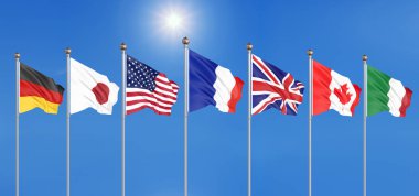 İpek Yedi Kanada, Almanya, İtalya, Fransa, Japonya, ABD, İngiltere grup ülkelerinin G7 bayrakları sallayarak. Mavi gökyüzü arka planı. Fransa'da Big G7 2019 3d illüstrasyon.