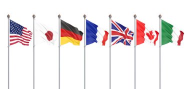 G7 bayrakları Ipek, yedi Kanada, Almanya, Italya, Fransa, Japonya, ABD Devletleri, Birleşik Krallık 2019 grup ülkelerinin bayrakları sallıyor. Büyük yedi. Beyaz üzerinde izole. 3D çizim