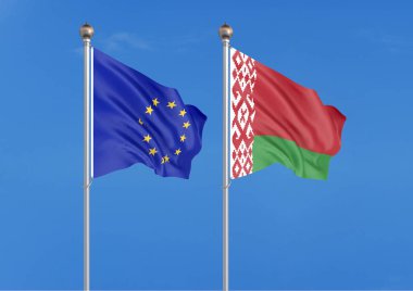 Avrupa Birliği vs Beyaz Rusya. Avrupa Birliği ve Beyaz Rusya kalın renkli ipeksi bayraklar. Gökyüzü arka planda 3d illüstrasyon - İllüstrasyon