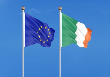 Avrupa Birliği vs İrlanda. Avrupa Birliği ve İrlanda kalın renkli ipeksi bayraklar. Gökyüzü arka planda 3d illüstrasyon - İllüstrasyon