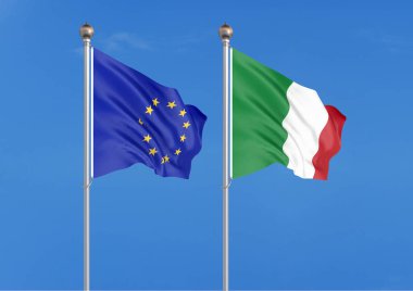 Avrupa Birliği vs İtalya. Avrupa Birliği ve İtalya kalın renkli ipeksi bayraklar. Gökyüzü arka planda 3d illüstrasyon - İllüstrasyon