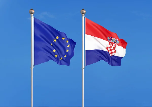 Европейский Союз Против Хорватии Толстые Шелковистые Флаги Европейского Союза Хорватии — стоковое фото