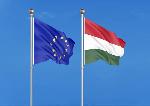 Европейский Союз Против Венгрии Толстые Шелковистые Флаги Европейского Союза Венгрии — стоковое фото