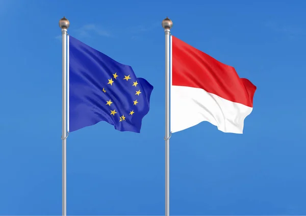 欧州連合 インドネシア 欧州連合とインドネシアの厚い色の絹のような旗 — ストック写真