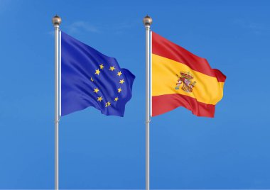 Avrupa Birliği vs İspanya. Avrupa Birliği ve İspanya kalın renkli ipeksi bayraklar. Gökyüzü arka planda 3d illüstrasyon - İllüstrasyon