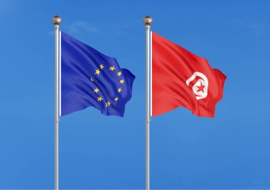 Avrupa Birliği vs Tunus. Avrupa Birliği ve Tunus kalın renkli ipeksi bayraklar. Gökyüzü arka planda 3d illüstrasyon - İllüstrasyon