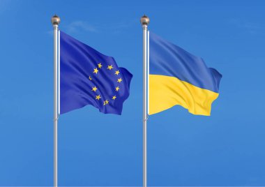 Avrupa Birliği vs Ukrayna. Avrupa Birliği ve Ukrayna kalın renkli ipeksi bayraklar. Gökyüzü arka planda 3d illüstrasyon - İllüstrasyon