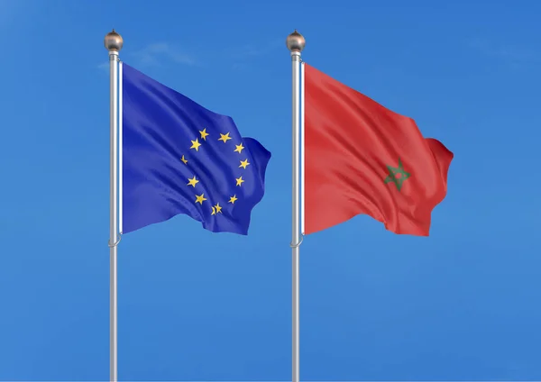 Európai Unió Marokkó Európai Unió Marokkó Vastag Selymes Zászlói — Stock Fotó