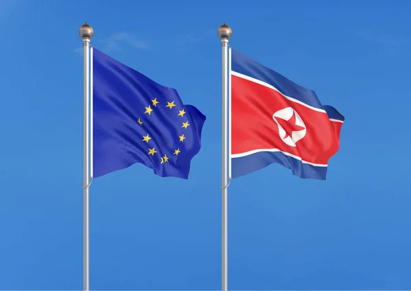 Unione Europea Contro Corea Del Nord Bandiere Seta Colore Spesso — Foto Stock