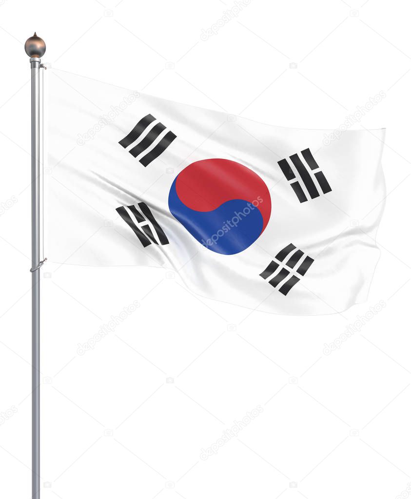 South Korea flag blowing in the wind. Background texture. 3d rendering, waving flag. Isolated on white. Illustration