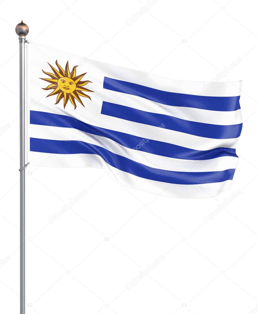 Uruguay flag blowing in the wind. Background texture. 3d rendering, waving flag. Illustration. Isolated on white