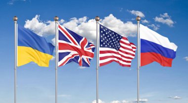 Amerika Birleşik Devletleri, Birleşik Krallık, Rusya ve Ukrayna bayrakları. Budapeşte memorandum güvenlik güvencesiydi. gökyüzü arka planda 3D illüstrasyon. Illüstrasyon