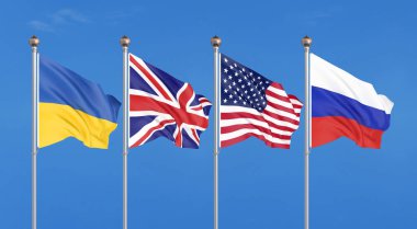Amerika Birleşik Devletleri, Birleşik Krallık, Rusya ve Ukrayna bayrakları. Budapeşte memorandum güvenlik güvencesiydi. gökyüzü arka plan üzerinde 3D illüstrasyon Illustration.