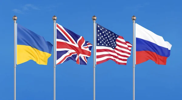 Amerika Birleşik Devletleri, Birleşik Krallık, Rusya ve Ukrayna bayrakları. Budapeşte memorandum güvenlik güvencesiydi. gökyüzü arka plan üzerinde 3D illüstrasyon Illustration.