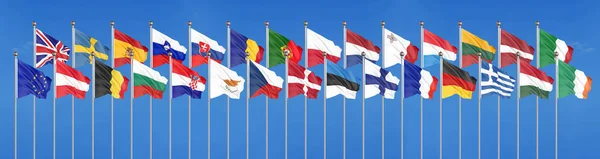 Шовковий Розмахуючи Прапорів Країн Європейського Союзу Блакитне Тло Неба Ілюстрація — стокове фото