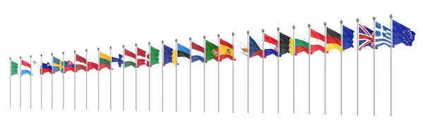 Seda ondeando 28 banderas de países de la Unión Europea. Aislado en —  Fotos de Stock