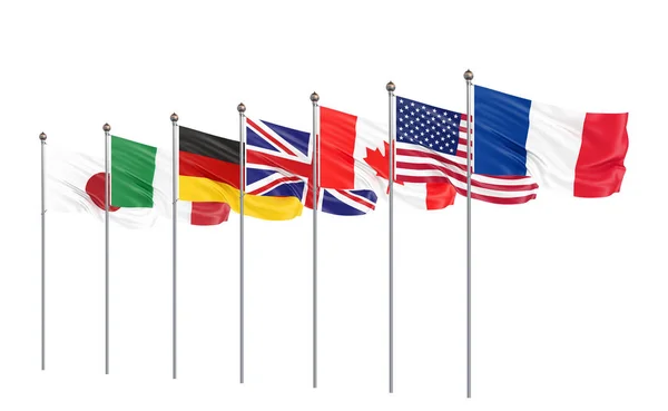 G7フラグシルクは 7カナダ ドイツ イタリア フランス アメリカ合衆国 英国2019のグループの国の旗を振る ビッグ セブン白で隔離された3Dイラスト — ストック写真