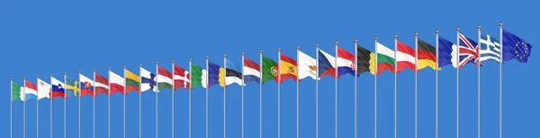 Pek Avrupa Birliği Ülkelerinin Bayraklarını Sallıyor Mavi Gökyüzü Arka Plan — Stok fotoğraf