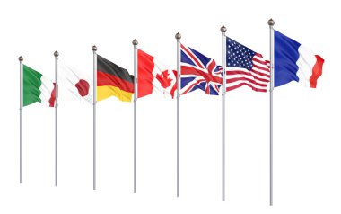 G7 bayrakları Ipek, yedi Kanada, Almanya, Italya, Fransa, Japonya, ABD Devletleri, Birleşik Krallık 2019 grup ülkelerinin bayrakları sallıyor. Büyük yedi. Beyaz üzerinde izole. 3D çizim.
