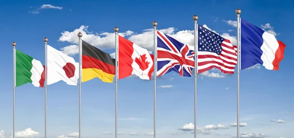 Yedi Kanada, Almanya, Italya, Fransa, Japonya, ABD Devletleri, Birleşik Krallık grup ülkeleri G7 bayrakları sallıyor ipek. Mavi gökyüzü arka plan. Fransa 'da büyük G7 2019. 3D çizim.
