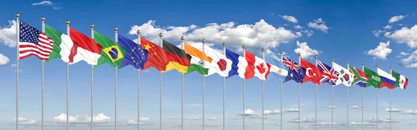 Розмахуючи Прапори Країни Членів Групи Двадцять Велика G20 Японії 2020 — стокове фото