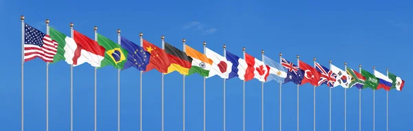 Waving Flags Countries Members Group Twenty Big G20 Japan 2020 — Stock Photo, Image