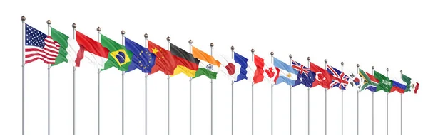 20 ' si grup üyelerinin bayrakları sallıyor. 2020 yılında Japonya 'da büyük G20. Beyaz üzerinde izole. 3D rendering. Illüstrasyon.