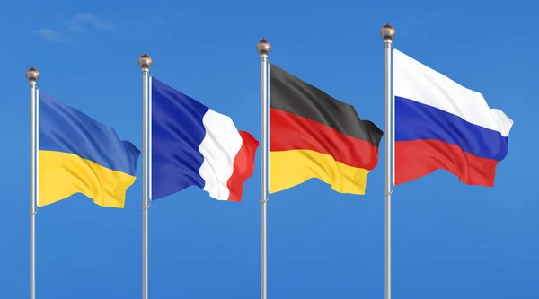 Fransa, Almanya, Rusya ve Ukrayna bayrakları. Doğu Ukrayna 'da Normandy Format toplantısı. gökyüzü arka plan üzerinde 3D illüstrasyon Illustration