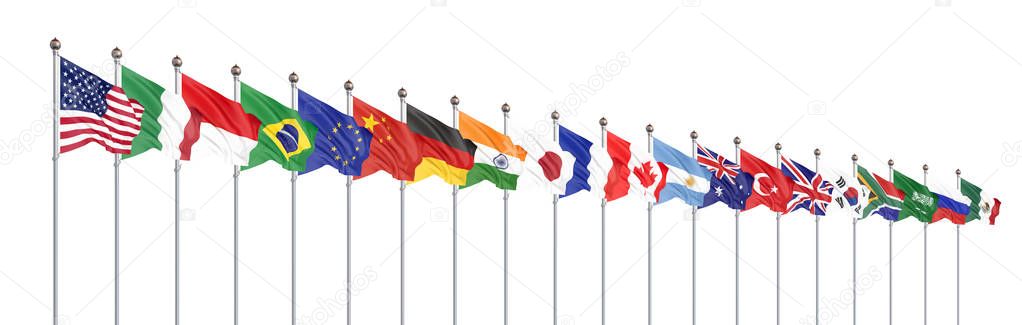 Waving flags countries of members Group of Twenty. Big G20 in Japan in 2020. Isolated on white. 3d rendering.  Illustration.