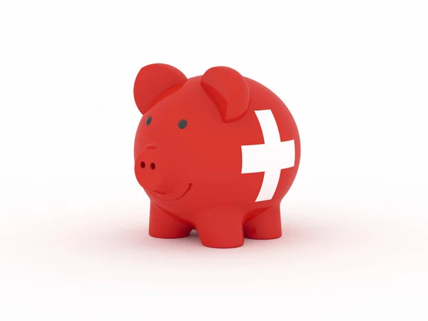 Financiën Geld Besparen Piggy Bank Witte Achtergrond Vlag Van Zwitserland — Stockfoto