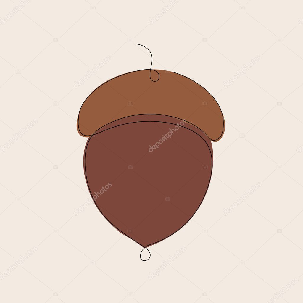 A stylish and warm vector illustration of an acorn, gracefully drawn with a single, continuous black line. The minimalist outline is filled with a two-tone color palette, featuring a rich brown for the acorn's cap and a deeper, muted brown for its bo