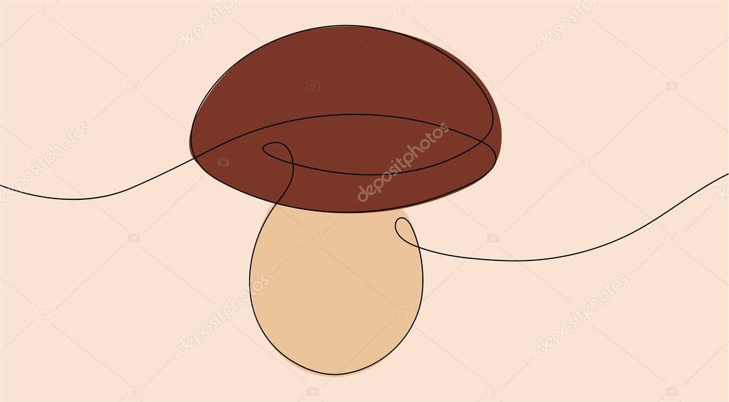 A charming and artistic vector illustration of a mushroom, masterfully drawn with a single, continuous black line. This design is enhanced with subtle, earthy colors: a rich brown for the cap and a soft beige for the stem. The minimalist style, combi