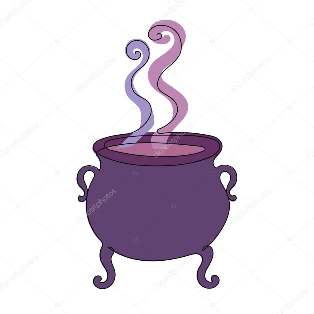 A magical vector illustration of a cauldron drawn with a single line, filled with a purple potion. Swirling pink and blue vapor rises from it, perfect for spooky, Halloween, or fantasy themes