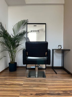 Siyah bir sandalye bir aynanın önünde. Sandalye saksı bitkisi ve saatle dolu bir odada. Odanın modern ve minimalist bir tasarımı var.