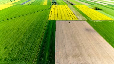 Ortasında birkaç siyah kare olan bir ekin tarlası. Alan yeşil ve sarı. Gökyüzü manzarası.