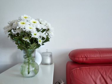 Beyaz kasımpatı vazosu kırmızı bir kanepenin yanındaki masada duruyor. Kasımpatılar temiz bir vazoda ve her açıdan görülebilecek şekilde düzenlenmiş. Kanepe koyu kırmızı renktedir.