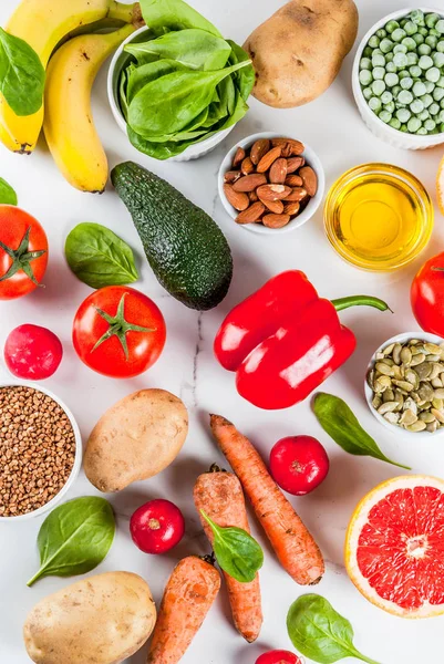 Fundo Comida Produtos Dieta Alcalinos Moda Frutas Verduras Cereais Nozes — Fotografia de Stock