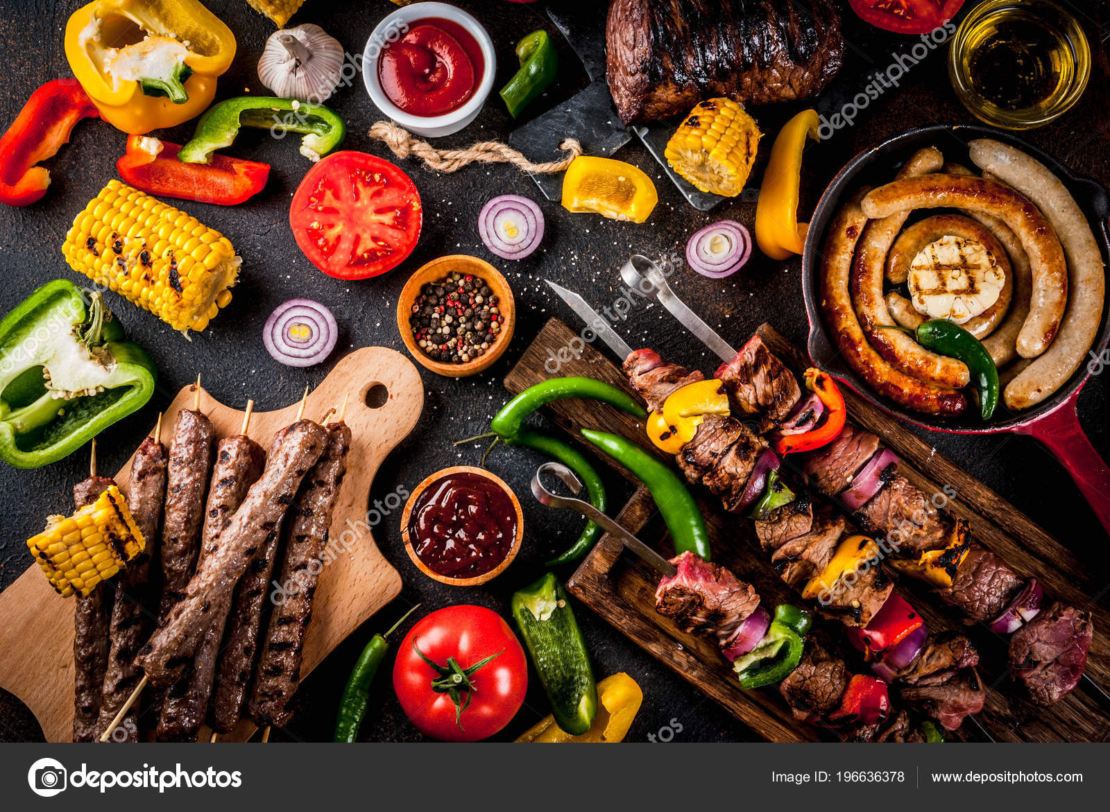 Assortment Various Barbecue Food Grill Meat Bbq Party Fest Shish Stock