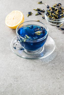 Sağlıklı içecekler, organik kelebek bezelye çiçeği çayı limes ve limon, gri beton arka plan kopya alanı ile mavi